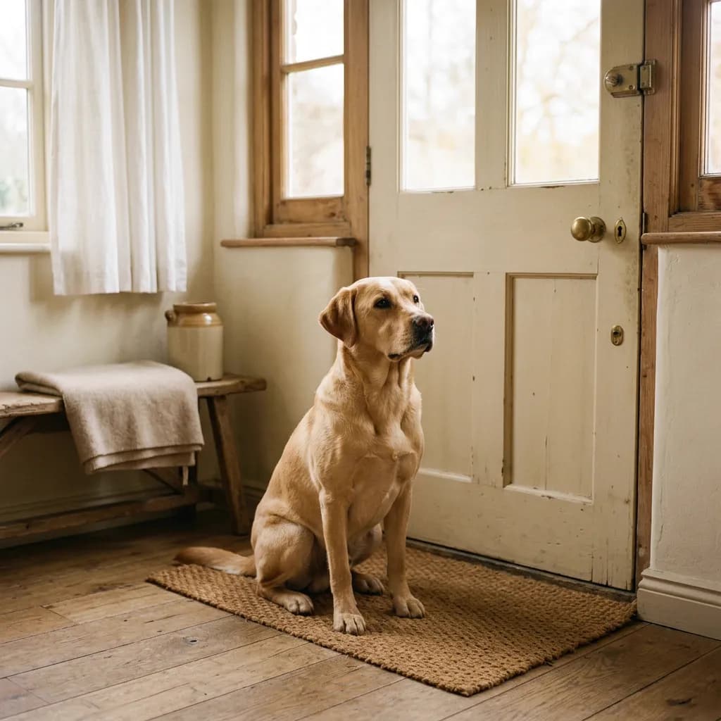 A Labrador retriever waiting attentively by a front door in warm entryway light