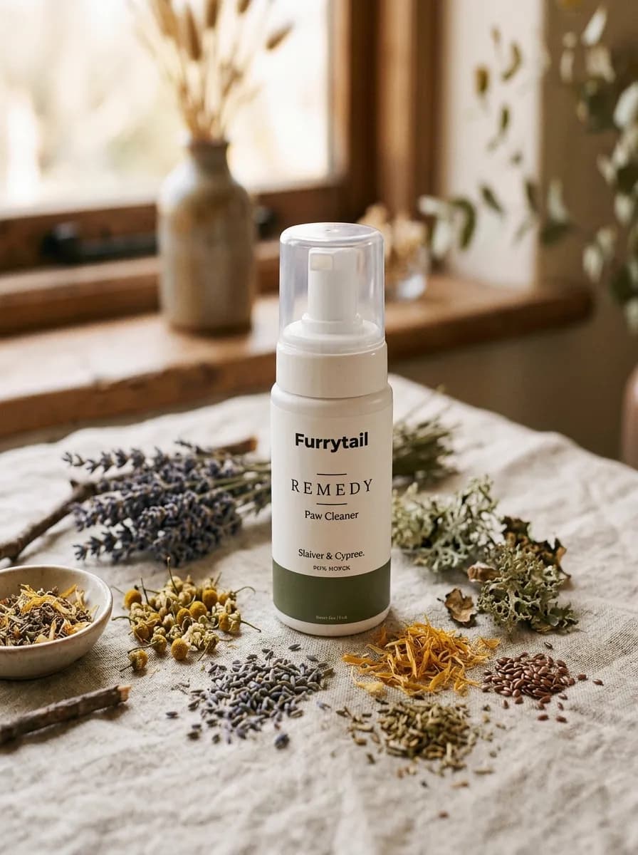 A natural pet care product bottle on a textured surface, surrounded by loose natural botanical ingredients and herbs