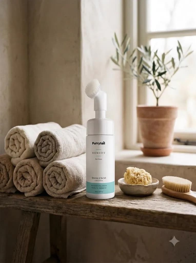 A beautifully designed pet shampoo bottle sitting naturally on a bathroom shelf beside rolled towels