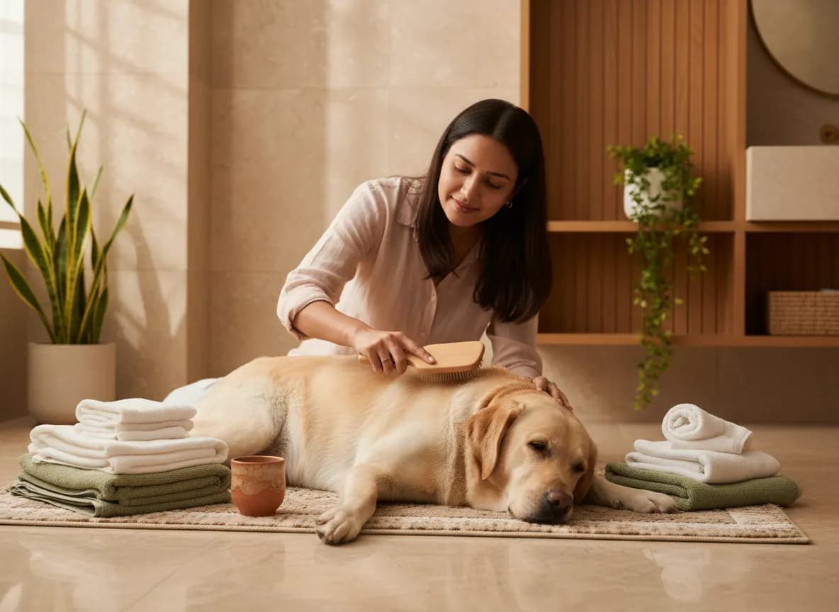 A woman brushing a labrador's dry coat on a bathroom mat with towels laid out before a bath