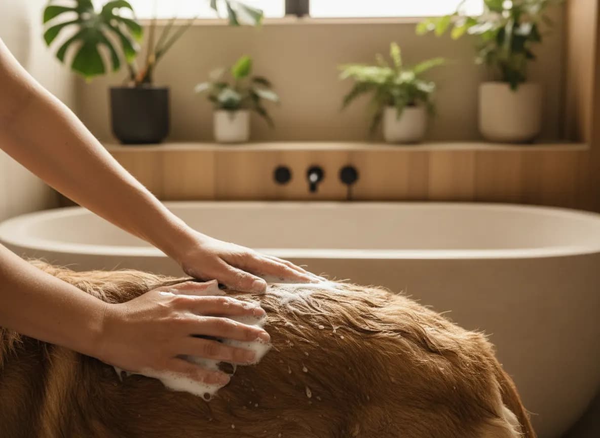 Hands working a gentle, low lather into a wet dog's coat beside a bathtub