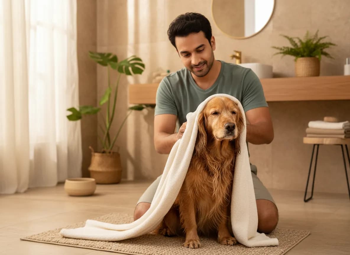 A man pressing a thick towel into a golden retriever's damp coat after a bath