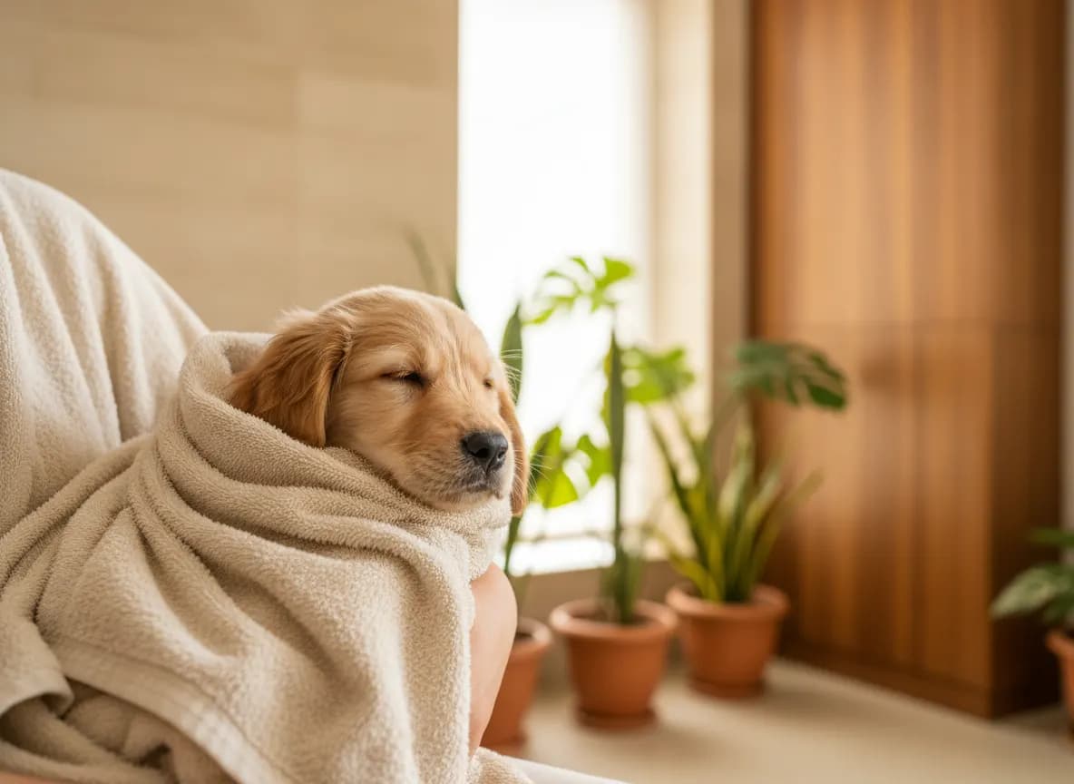 A golden puppy wrapped snugly in a cream towel after its first bath