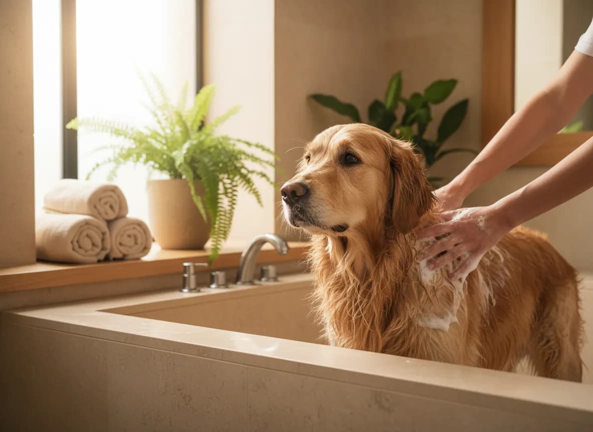 A calm golden retriever in a home bathtub while its owner works a gentle lather into the coat