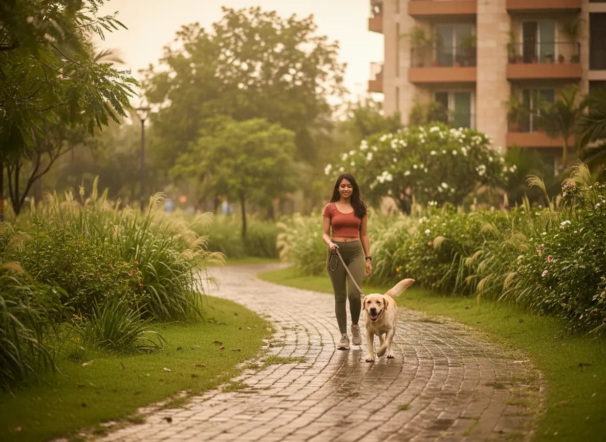 A young woman and her Labrador setting off on a walk along a green, grassy park path after the rain
