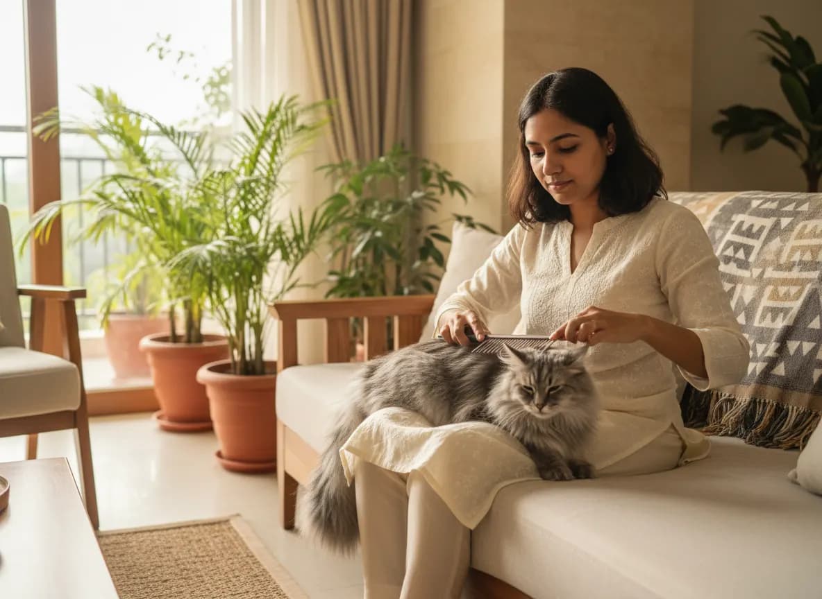 A woman combing the long coat of a grey cat sitting calmly on her lap