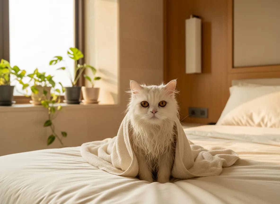 A fluffy white Persian cat wrapped in a soft cream towel after a bath, sitting calmly on a bed