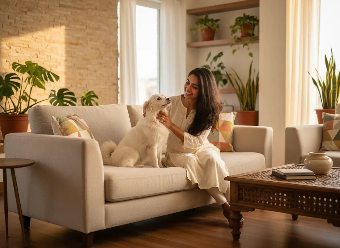 A clean, fluffy Indian Spitz sitting on a sofa beside its smiling owner in a bright living room