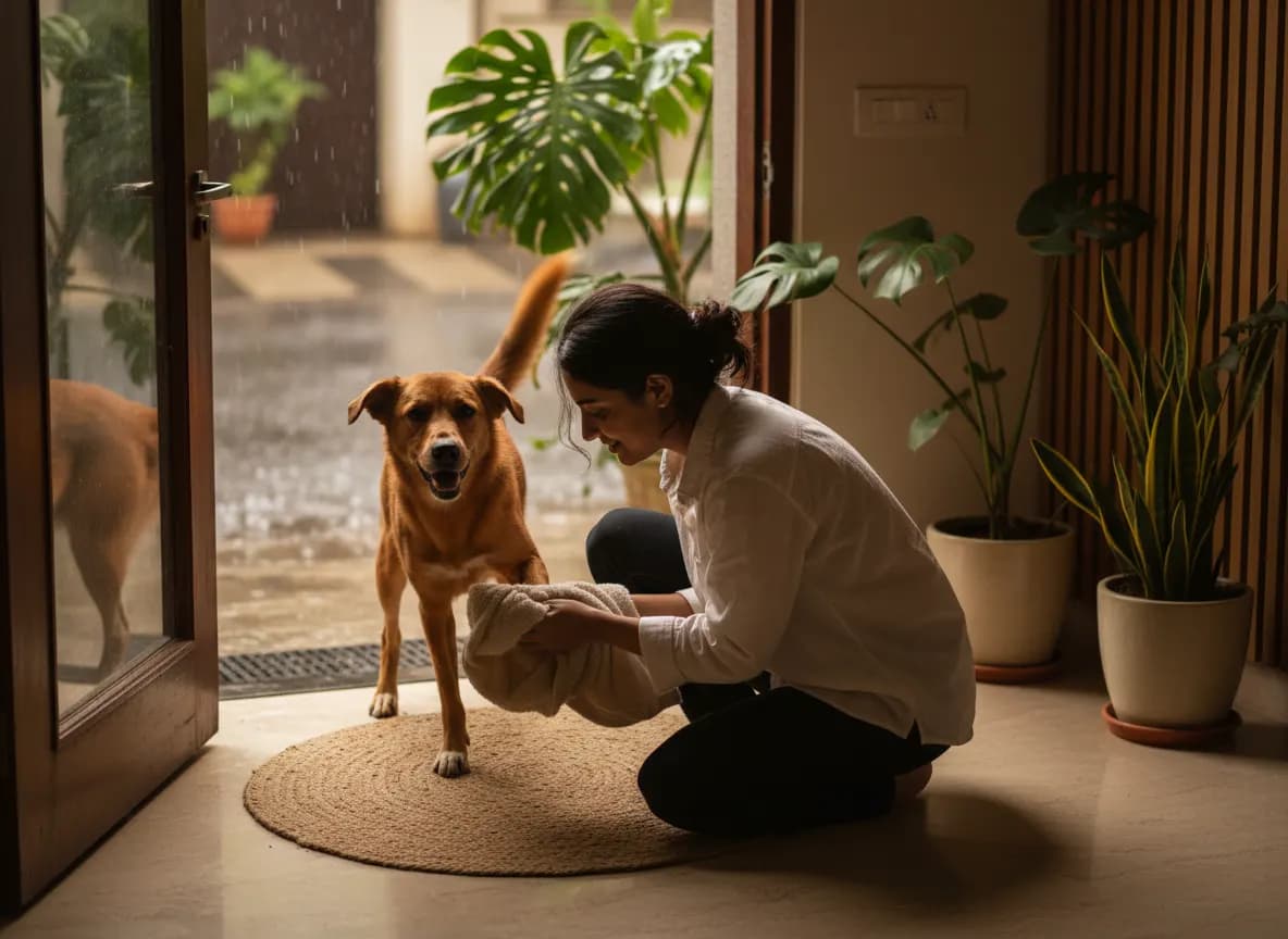 A woman wiping her dog’s front paw with a soft towel on a doormat at the front door of an Indian apartment