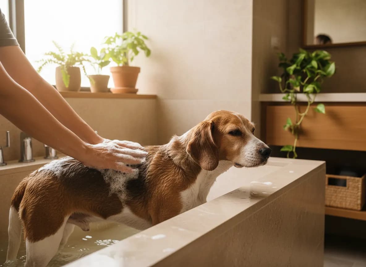 Hands working a light lather into a wet dog’s coat in a bathtub