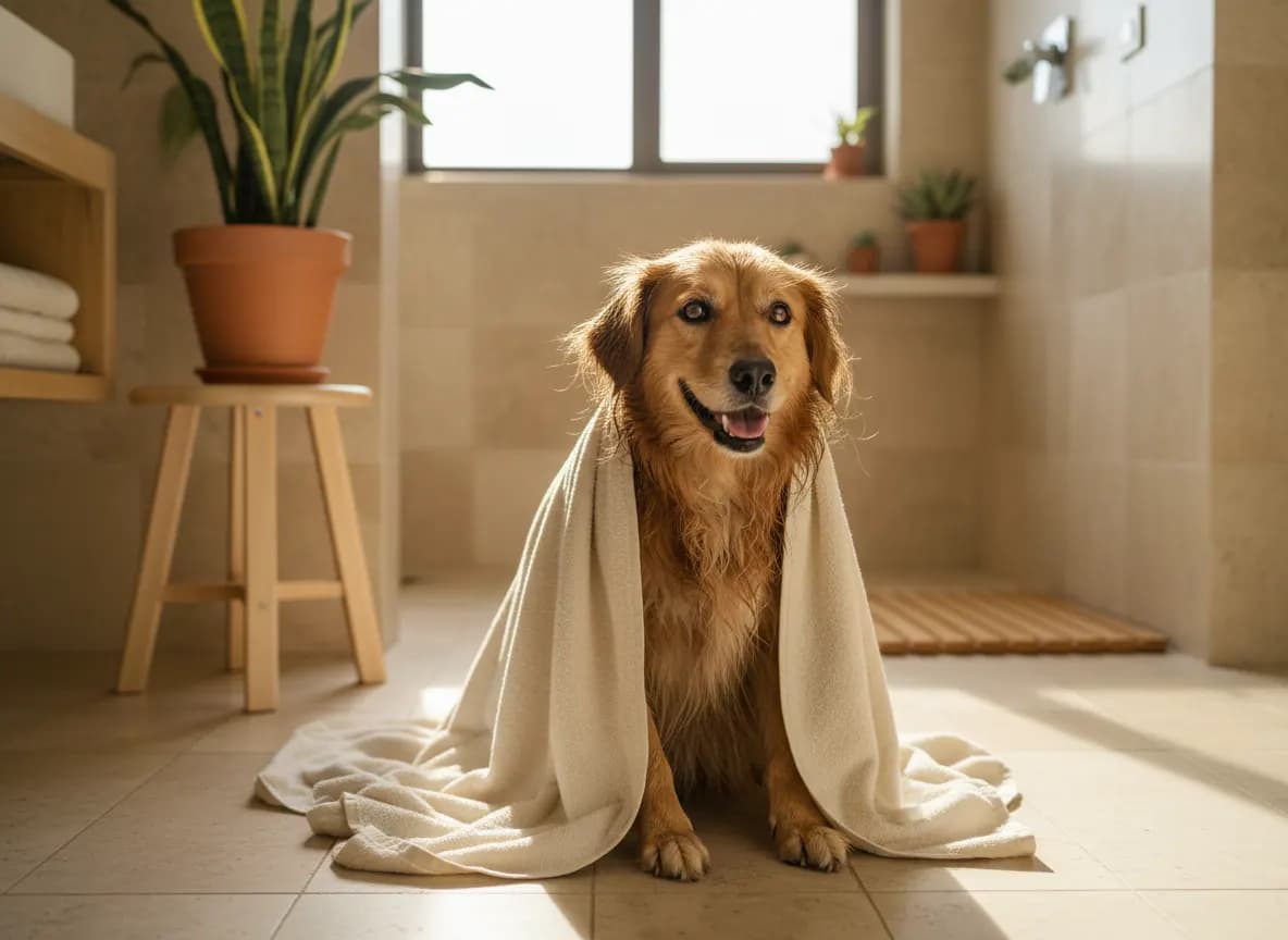 A happy golden indie dog wrapped in a cream towel after a bath, sitting on a bathroom floor in a bright Indian home