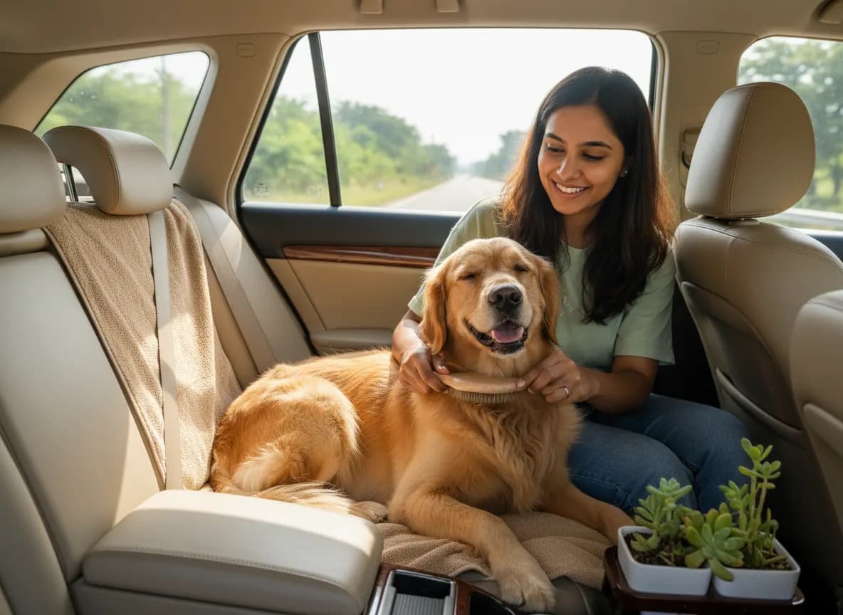 A woman brushing her Golden Retriever’s coat in the back seat of a car on a road trip