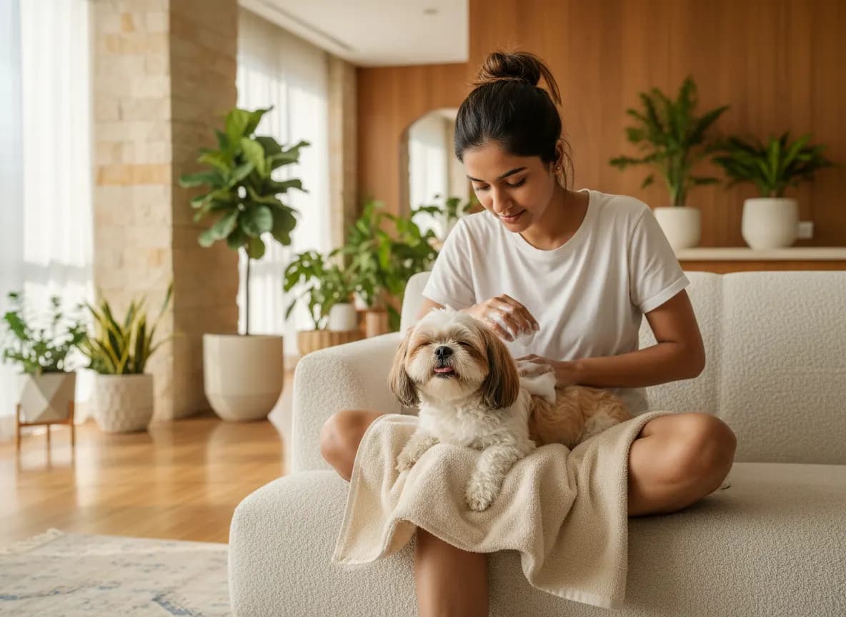 A woman massaging a light foam into the back of a relaxed Shih Tzu on a sofa, with no water or tub in sight