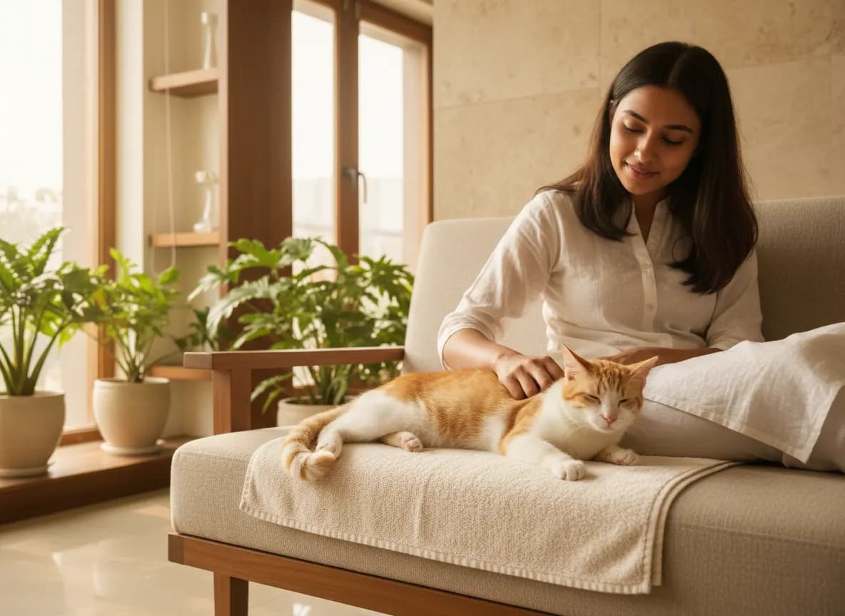 A relaxed tabby cat being gently stroked by its owner on a sofa, with no water or tub in sight