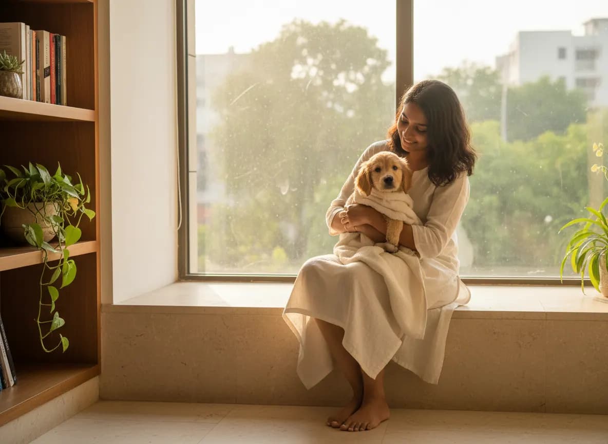 A small fluffy puppy wrapped in a soft cream towel after its first bath, held gently in its owner’s arms