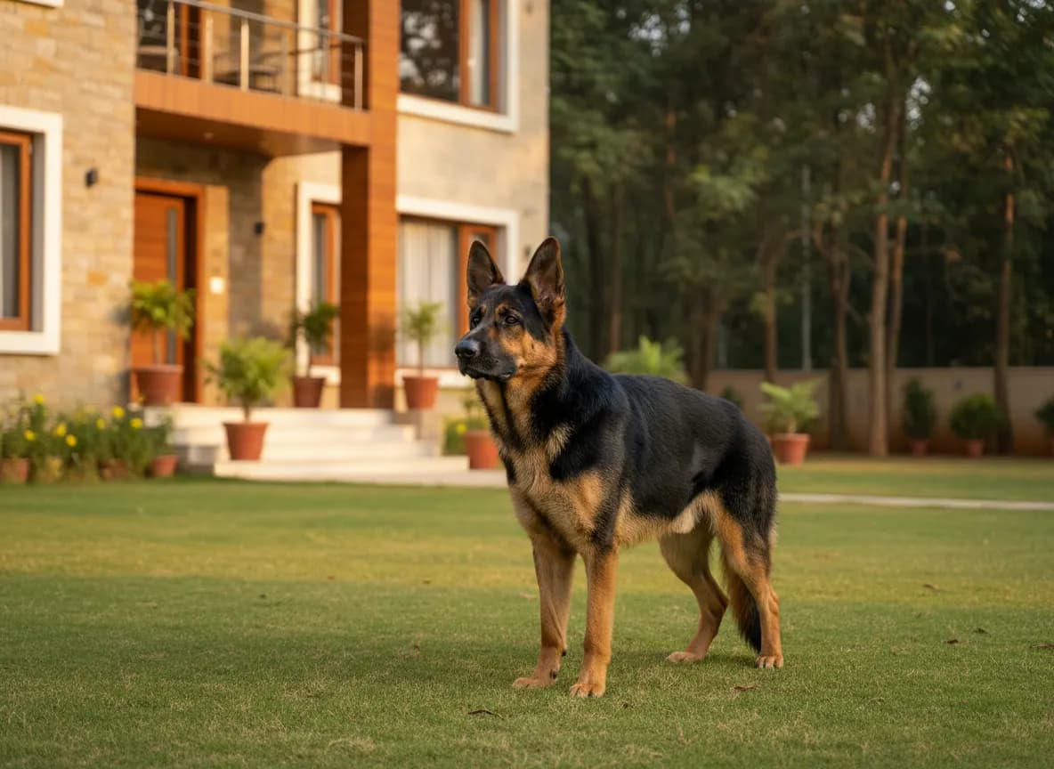 An alert German Shepherd standing on a lawn outside an Indian home in warm evening light