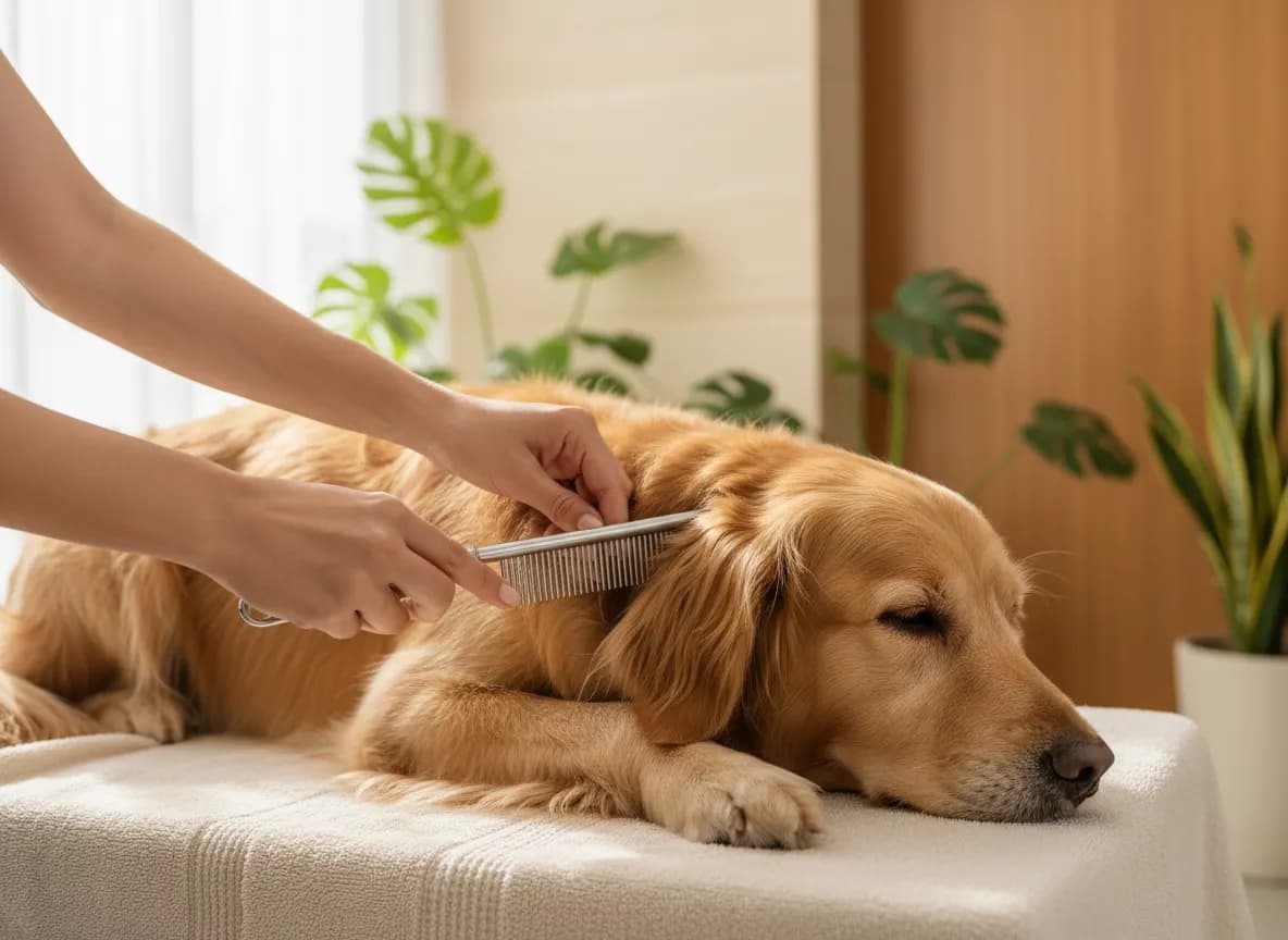 Hands combing the feathered fur behind a Golden Retriever’s ear
