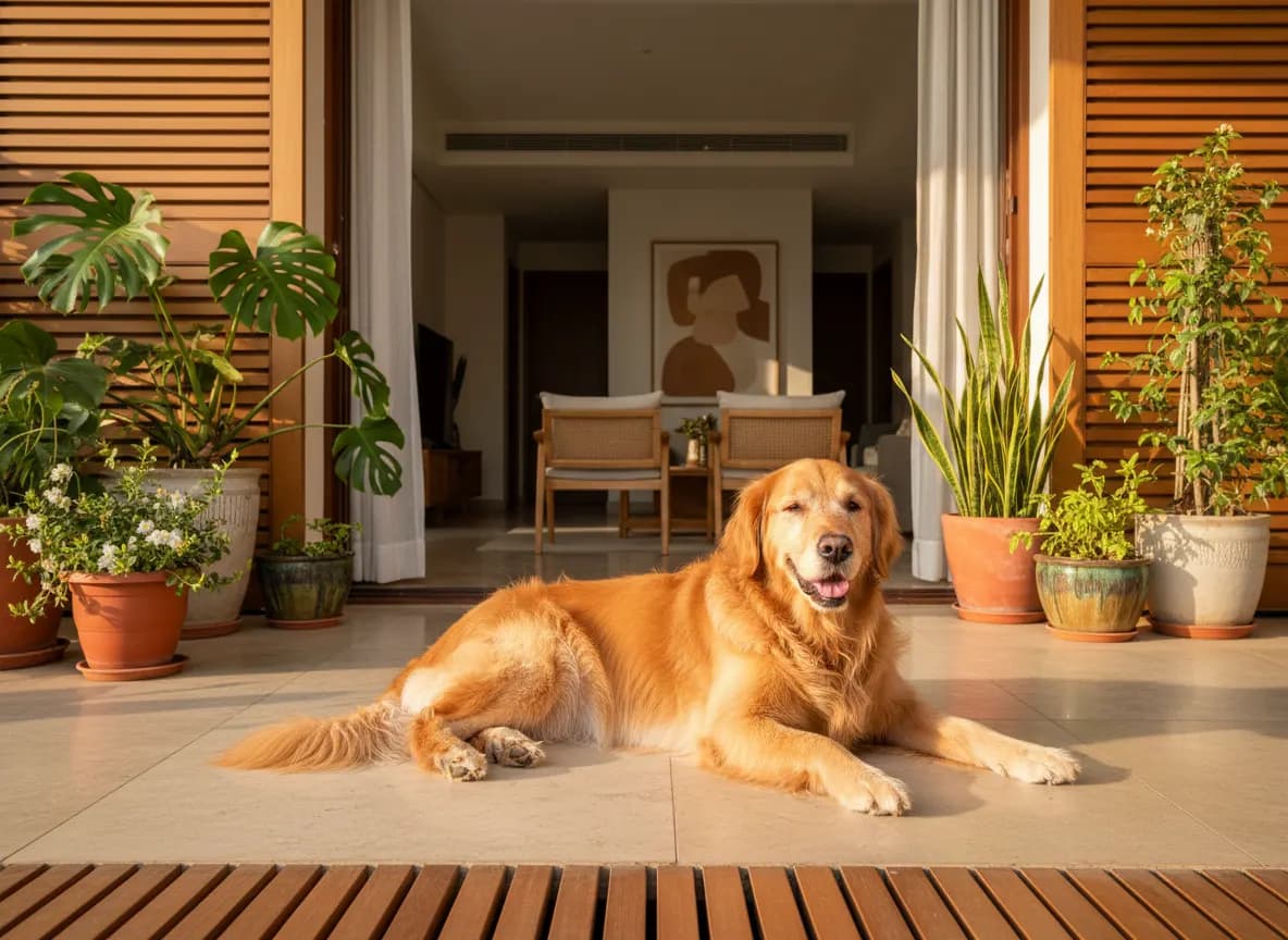 A Golden Retriever with a clean, flowing coat lying on a sunlit veranda of an Indian home