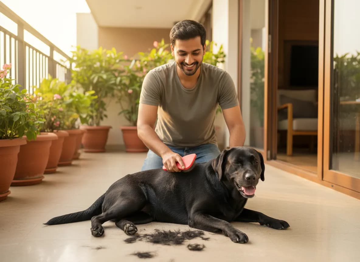 A man brushing loose hair from a black Labrador’s coat on a balcony