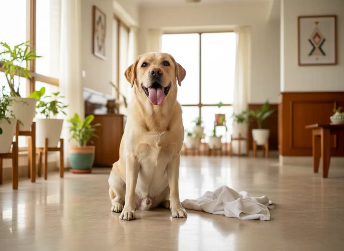 A happy yellow Labrador sitting on a cool stone floor in a bright Indian home after a bath