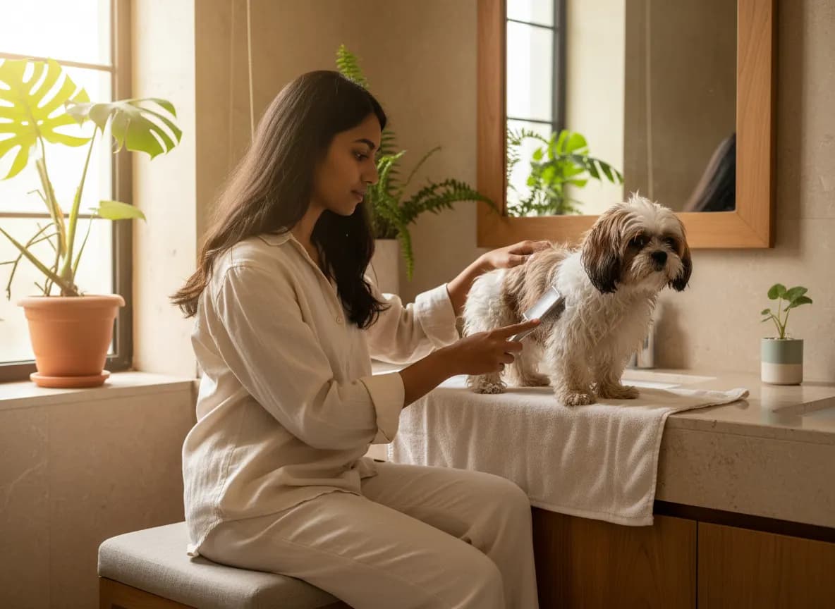 A woman brushing out a Shih Tzu’s long coat on a towel after a bath