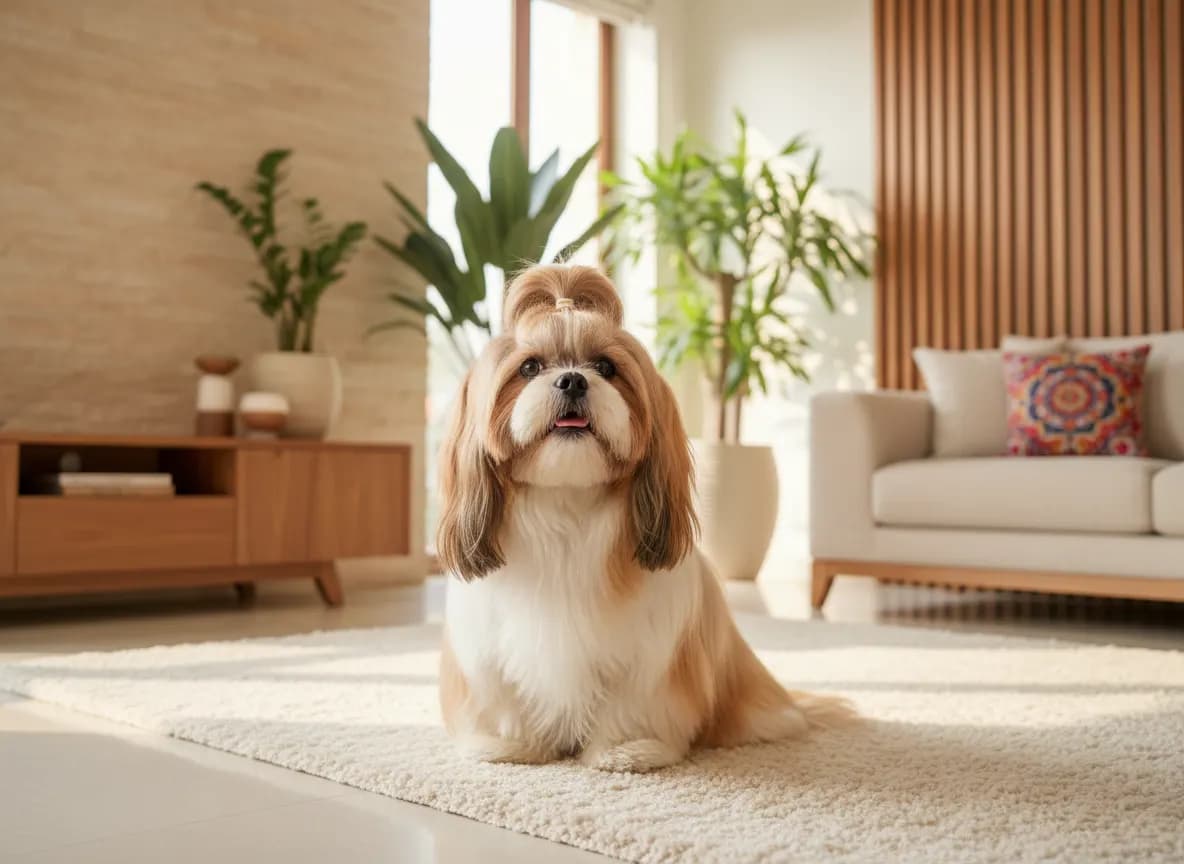 A freshly groomed Shih Tzu with a long, silky coat sitting on a cream rug in a bright living room