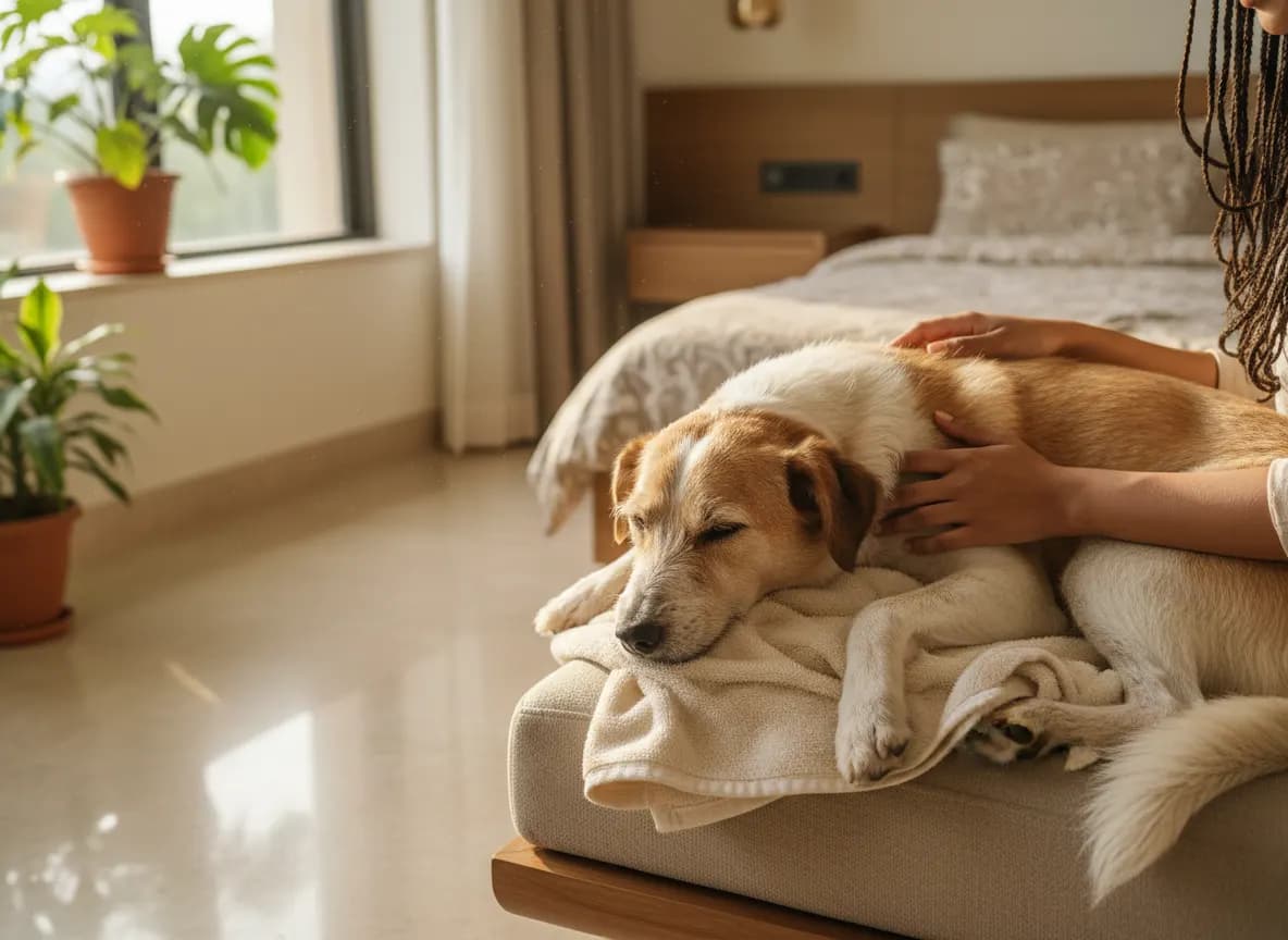 A relaxed dog lying with its head on its owner’s lap on a soft towel, eyes half closed, in a quiet sunlit room