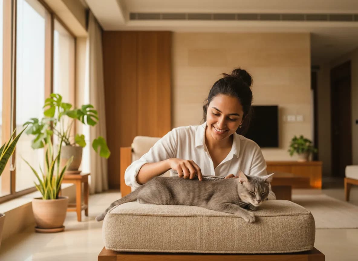 A woman gently combing the back of a relaxed short-haired cat lying on a cushion
