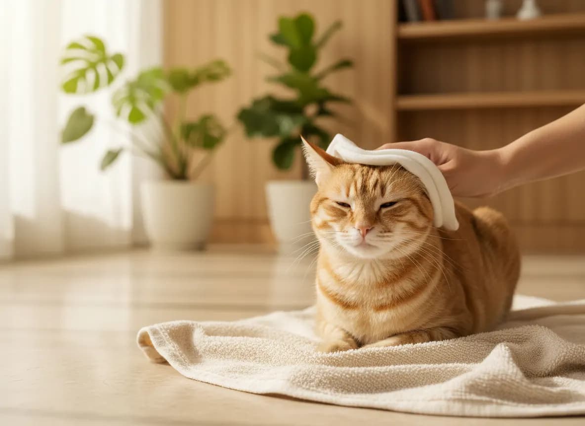 A ginger tabby cat on a soft towel being gently wiped with a damp cloth