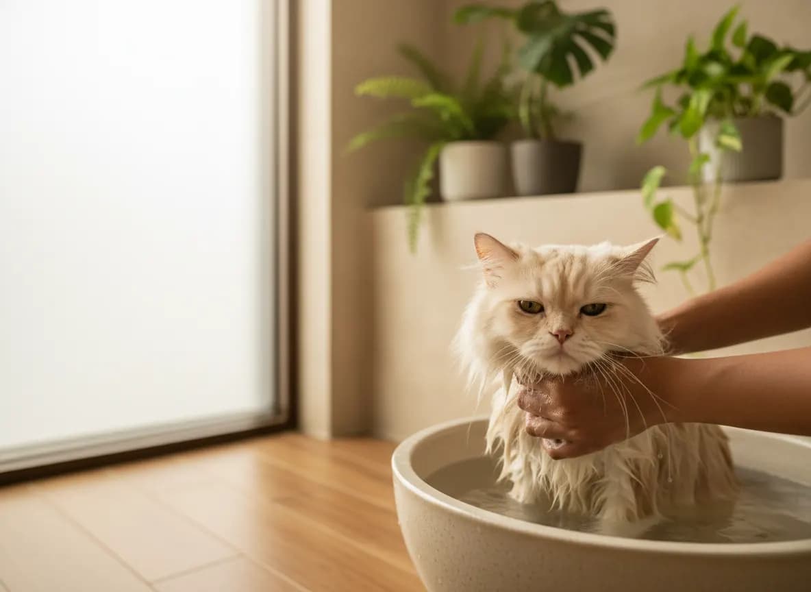 A long-haired cat being gently bathed in a shallow basin of water
