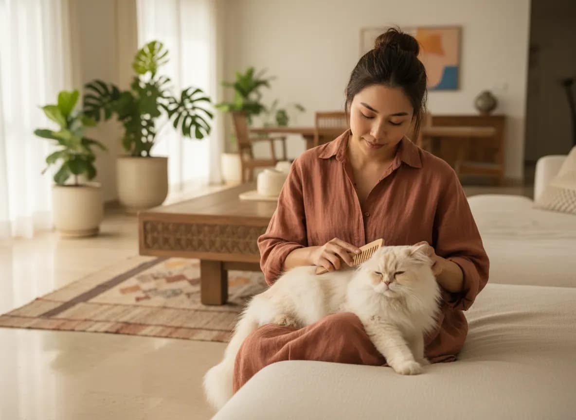A fluffy Persian cat being gently groomed on a woman’s lap in a bright living room