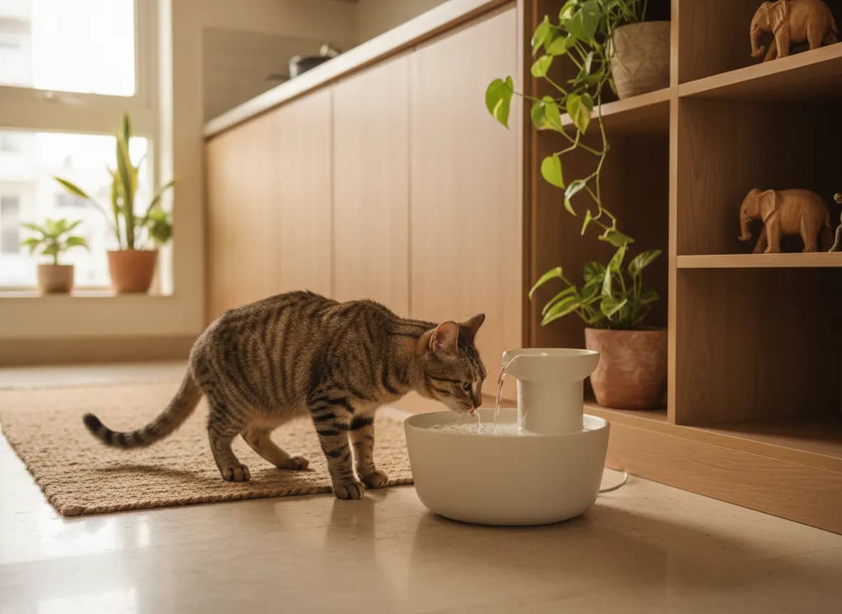 A tabby cat drinking from a ceramic water fountain at home