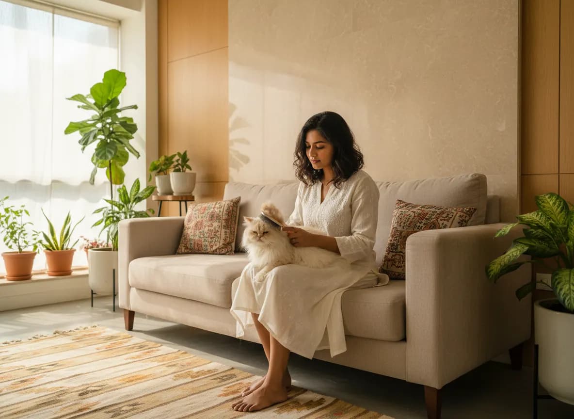 A woman gently brushing a fluffy Persian cat on her lap in a bright living room