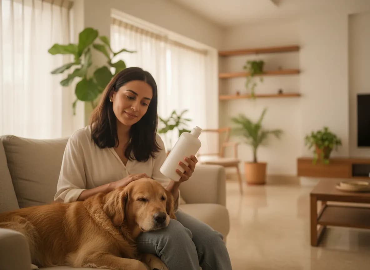 A woman reading the back label of a pet shampoo bottle while her golden retriever rests its head on her knee