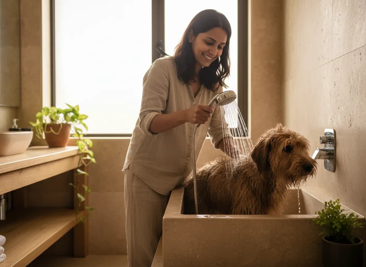 A woman rinsing a brown dog thoroughly with a handheld shower in a bright bathroom