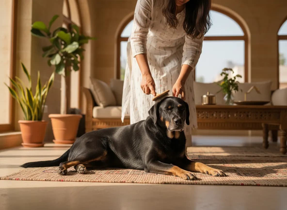 A black dog lying on a rug while its owner brushes its glossy coat in soft winter light