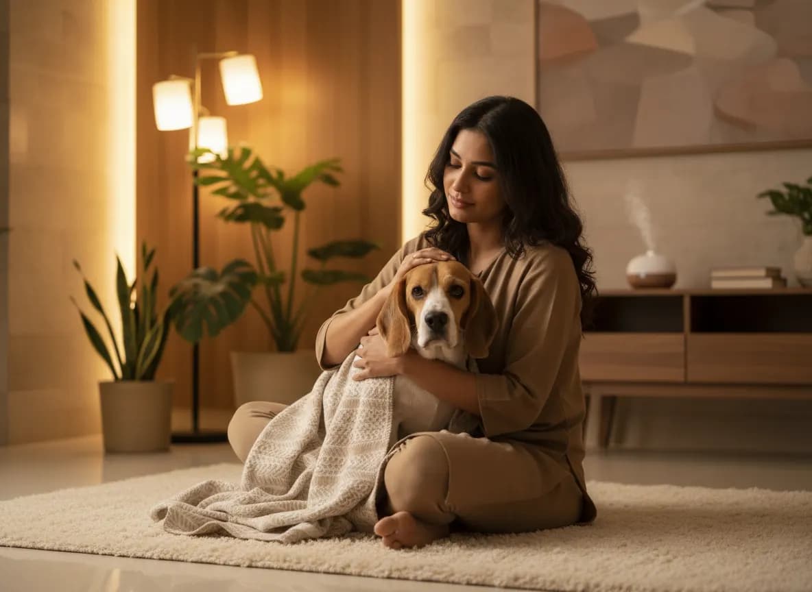 A woman sitting on the floor at night gently comforting an anxious beagle wrapped in a light blanket