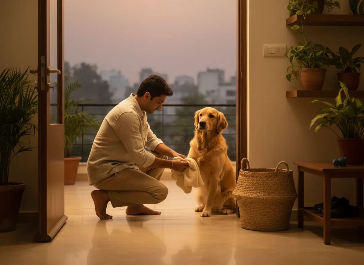 Wiping a dog’s paws with a soft cloth at the door on a hazy, smoky evening