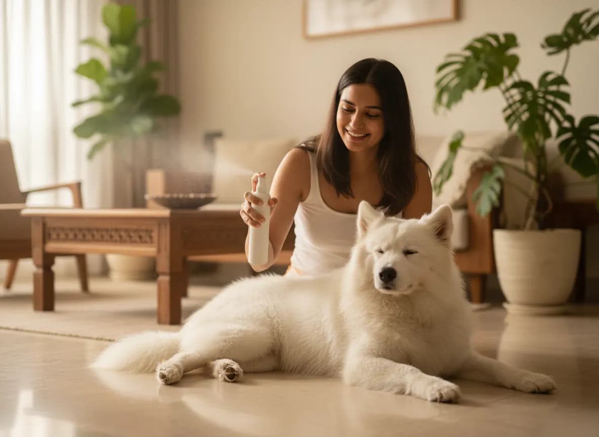 A woman lightly misting the back of a fluffy white dog from a distance in a bright living room