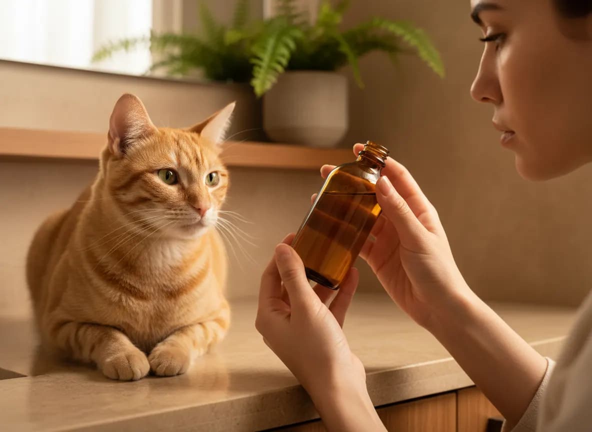 A woman reading the back label of a bottle while her cat sits beside her