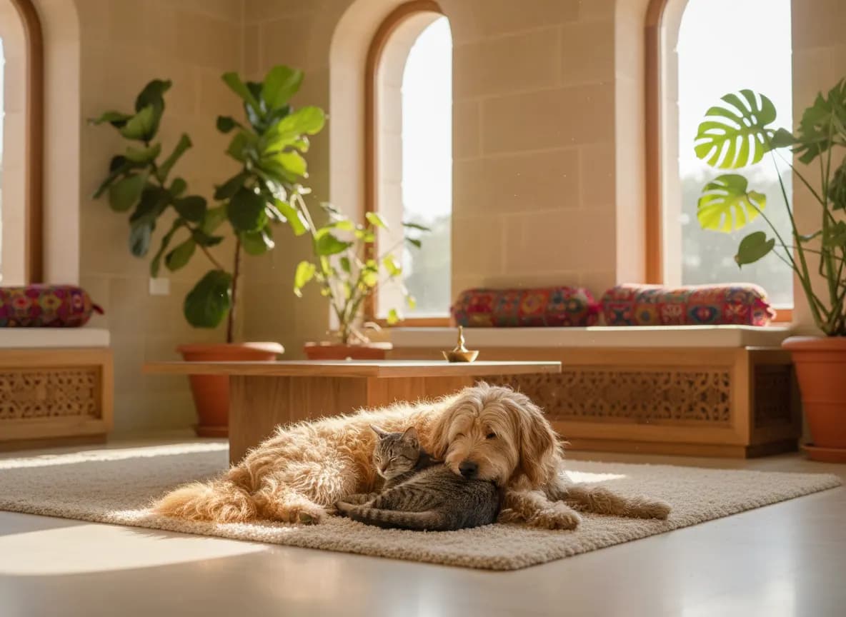 A dog and a cat resting side by side on a soft rug in a bright Indian living room