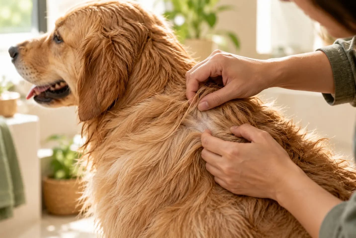 Parting a golden retriever’s damp coat by hand to check whether the fur is still wet near the skin