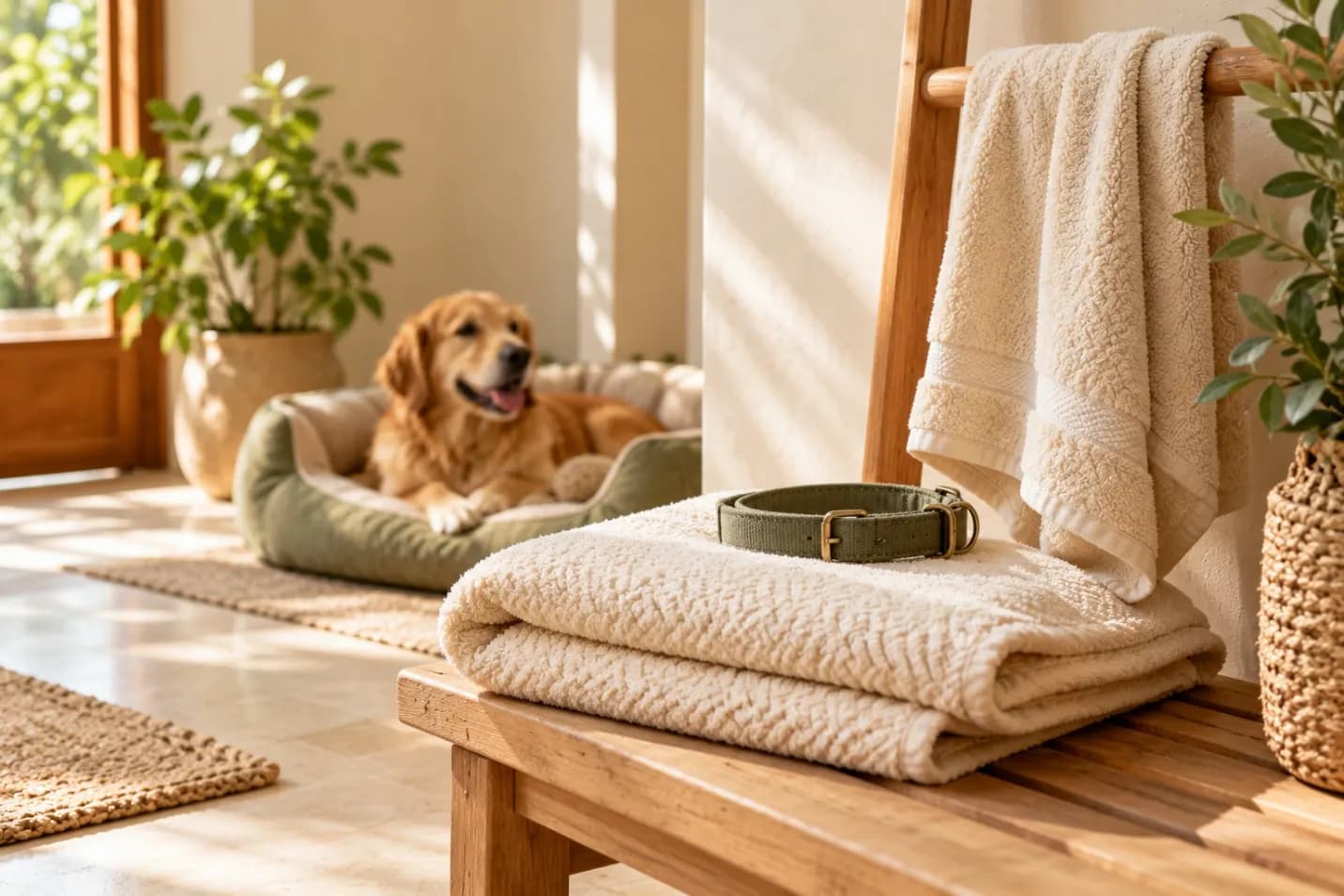A folded towel and a canvas collar drying on a wooden bench, with a golden retriever resting on its bed behind