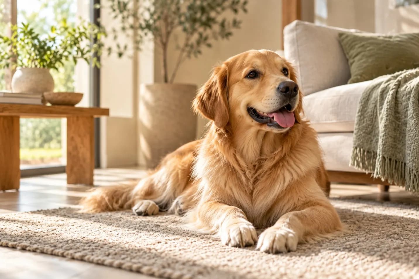 A clean, dry golden retriever relaxing on a woven rug in a sunlit living room