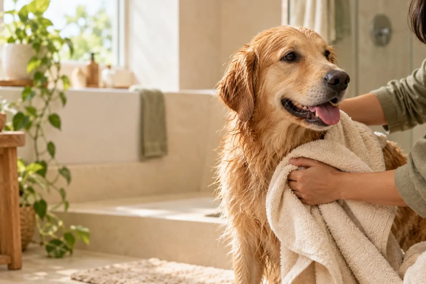 A wet golden retriever being towel-dried in a bright bathroom after a bath