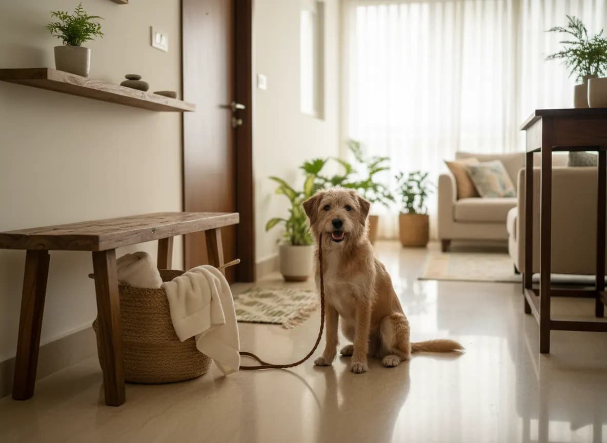 A dog back from a walk sitting on the doormat of an apartment entryway with towels by the door