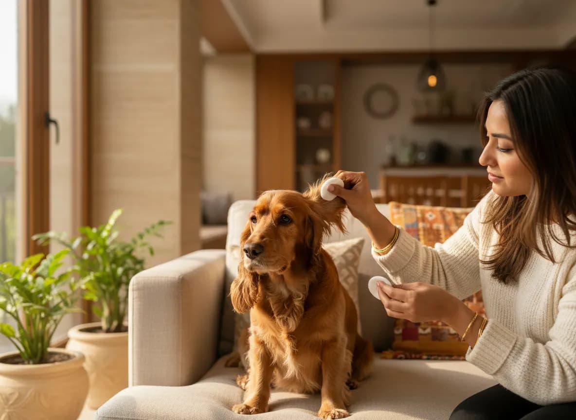 A woman gently lifting the floppy ear of a calm spaniel to look inside, in a bright living room