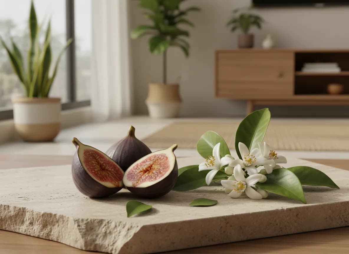 Fresh split figs and white orange blossoms on a travertine surface in soft morning light