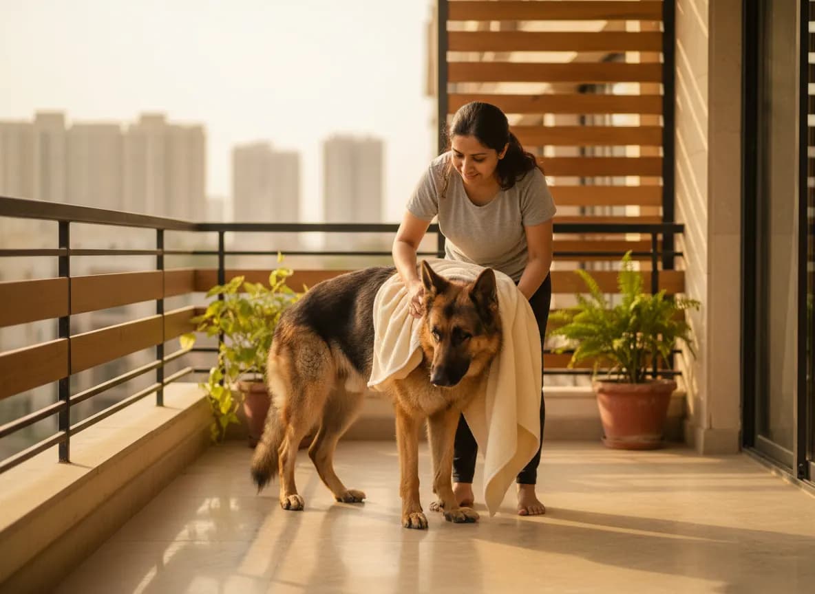 A woman drying a German Shepherd’s thick coat with a large towel on a balcony