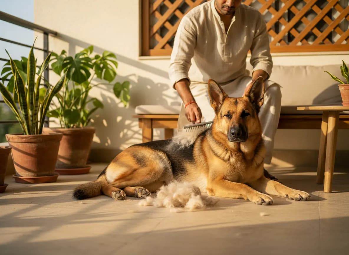 A German Shepherd lying calmly on a terrace while being brushed with an undercoat rake, tufts of fur beside it